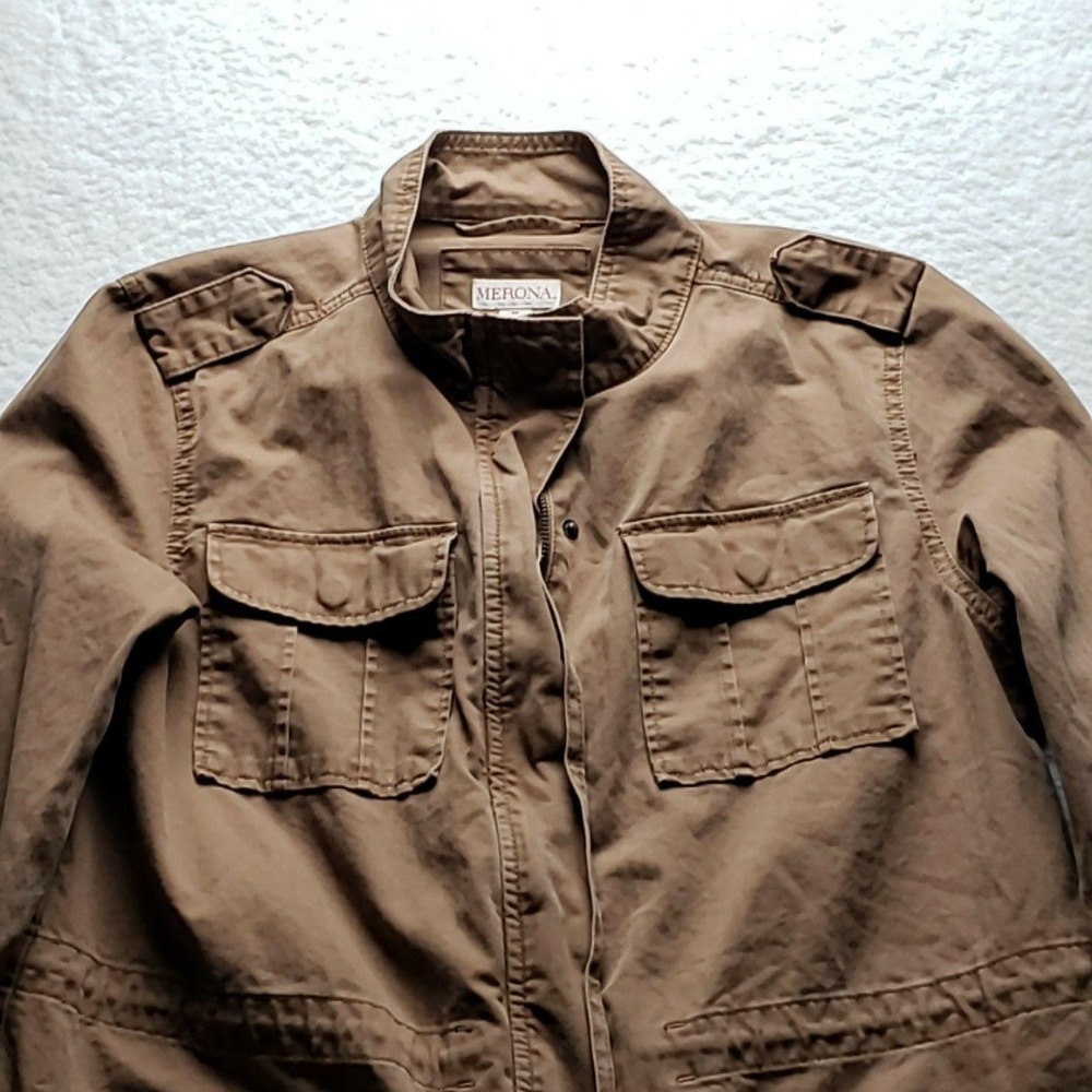 Merona Jacket Womens Medium Brown Twill Military Utility Full Zip Pockets